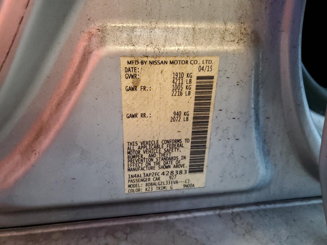2015 Nissan Altima 2.5 VIN: 1N4AL3AP2FC428383 Lot: 64837325