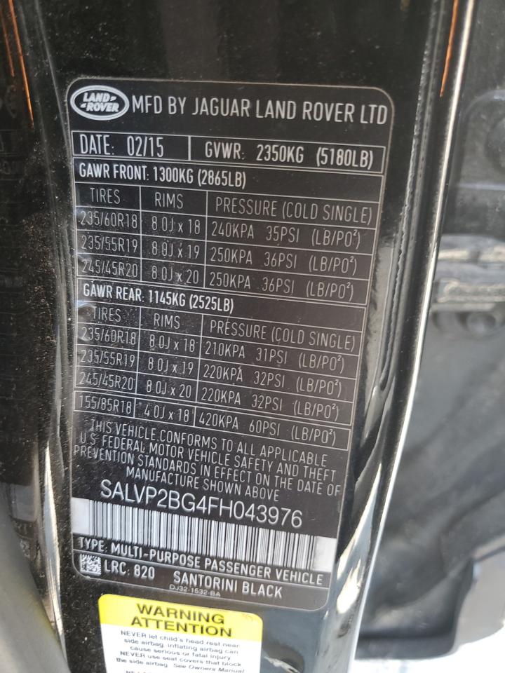 2015 Land Rover Range Rover Evoque Pure Plus VIN: SALVP2BG4FH043976 Lot: 63624025