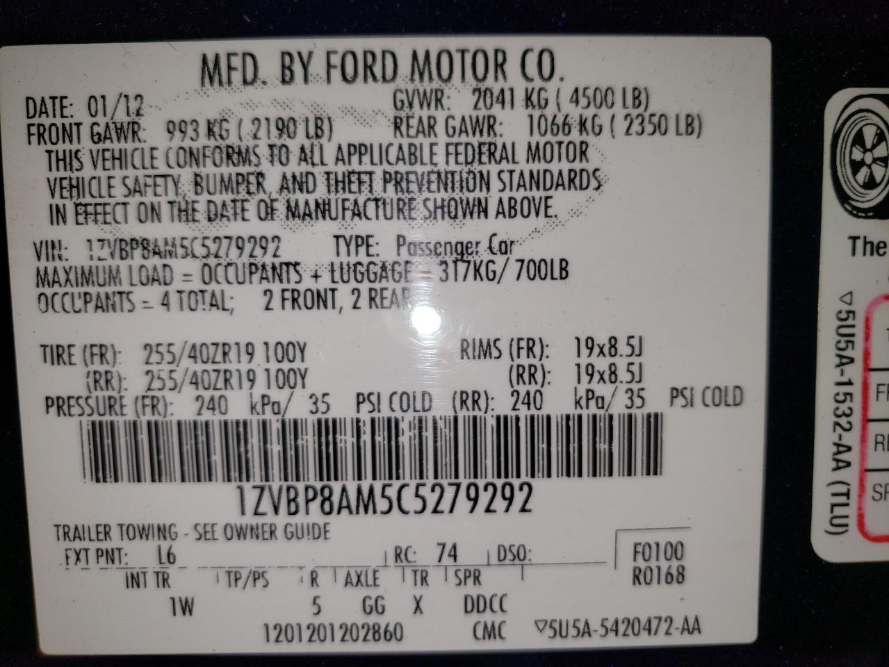 2012 Ford Mustang VIN: 1ZVBP8AM5C5279292 Lot: 64243225