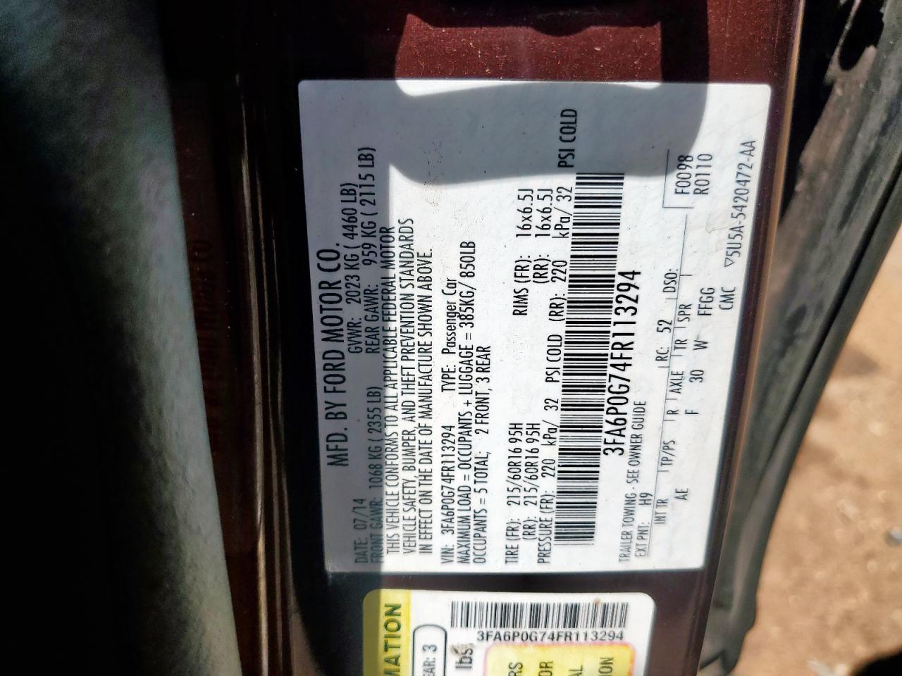 2015 Ford Fusion S VIN: 3FA6P0G74FR113294 Lot: 66611965