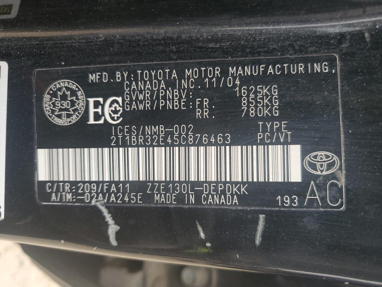 2005 Toyota Corolla Ce VIN: 2T1BR32E45C876463 Lot: 64937625