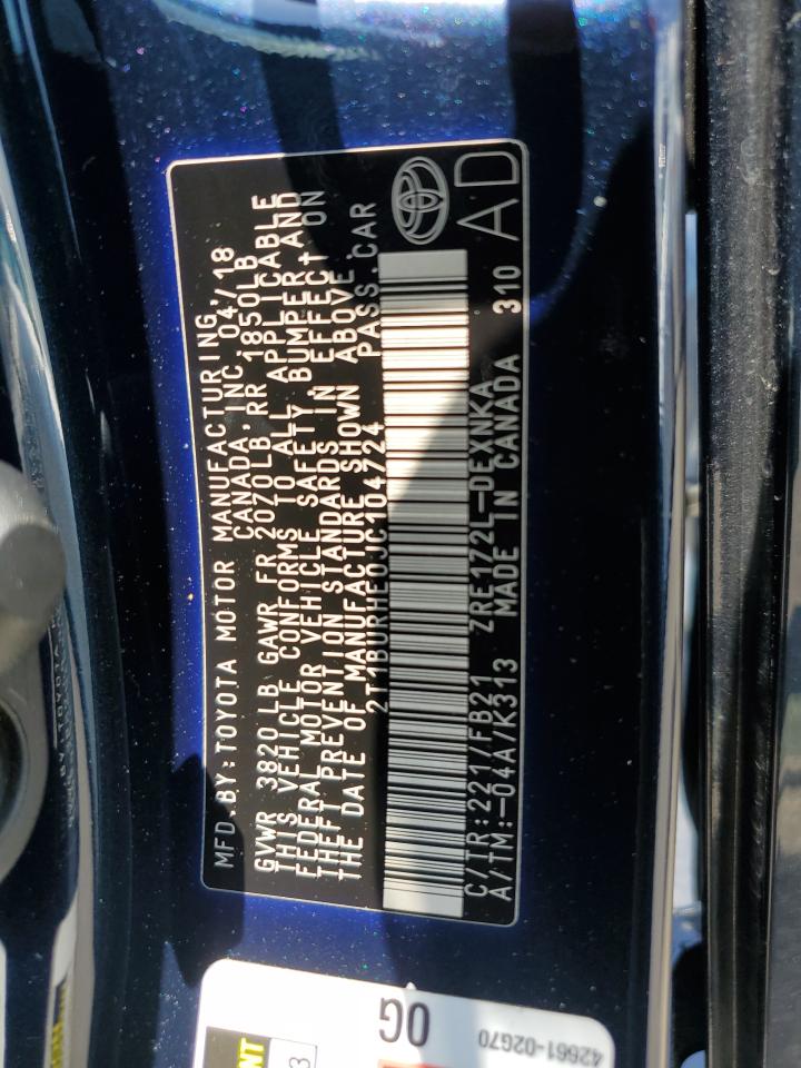 2018 Toyota Corolla L VIN: 2T1BURHE0JC104724 Lot: 65580535
