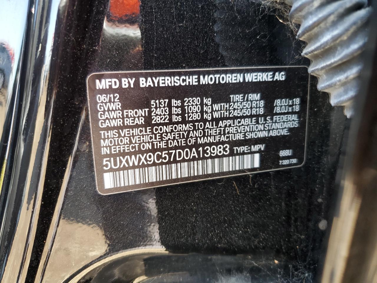 2013 BMW X3 xDrive28I VIN: 5UXWX9C57D0A13983 Lot: 62386115