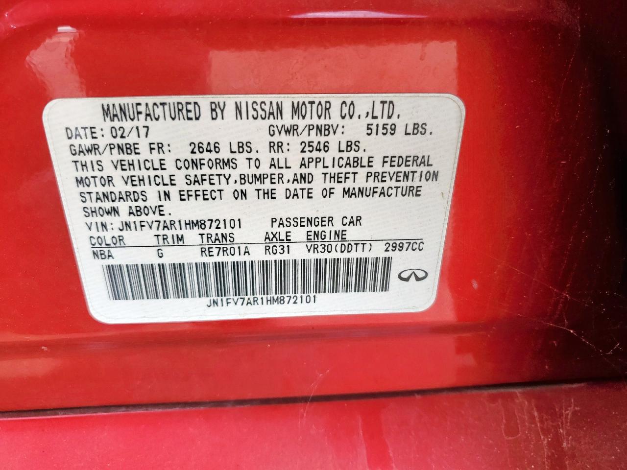 2017 Infiniti Q50 Red Sport 400 VIN: JN1FV7AR1HM872101 Lot: 64834045
