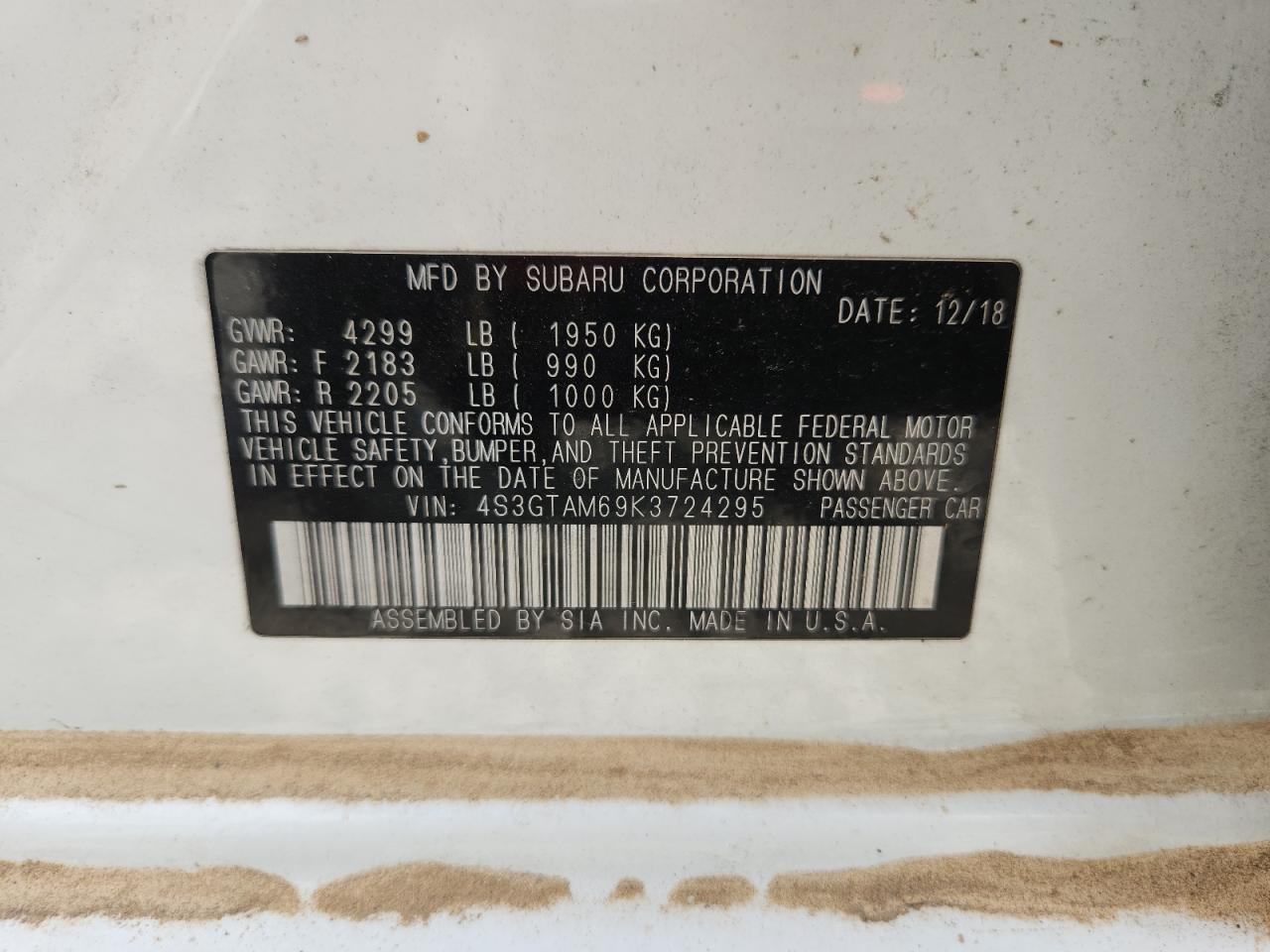 2019 Subaru Impreza Sport VIN: 4S3GTAM69K3724295 Lot: 64336135