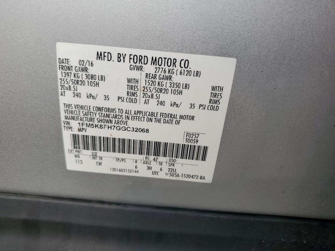 2016 Ford Explorer Limited VIN: 1FM5K8FH7GGC32068 Lot: 65001155