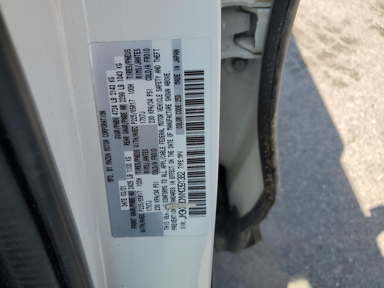 2021 Mazda Cx-5 Touring VIN: JM3KFBCMXM0391382 Lot: 63454095