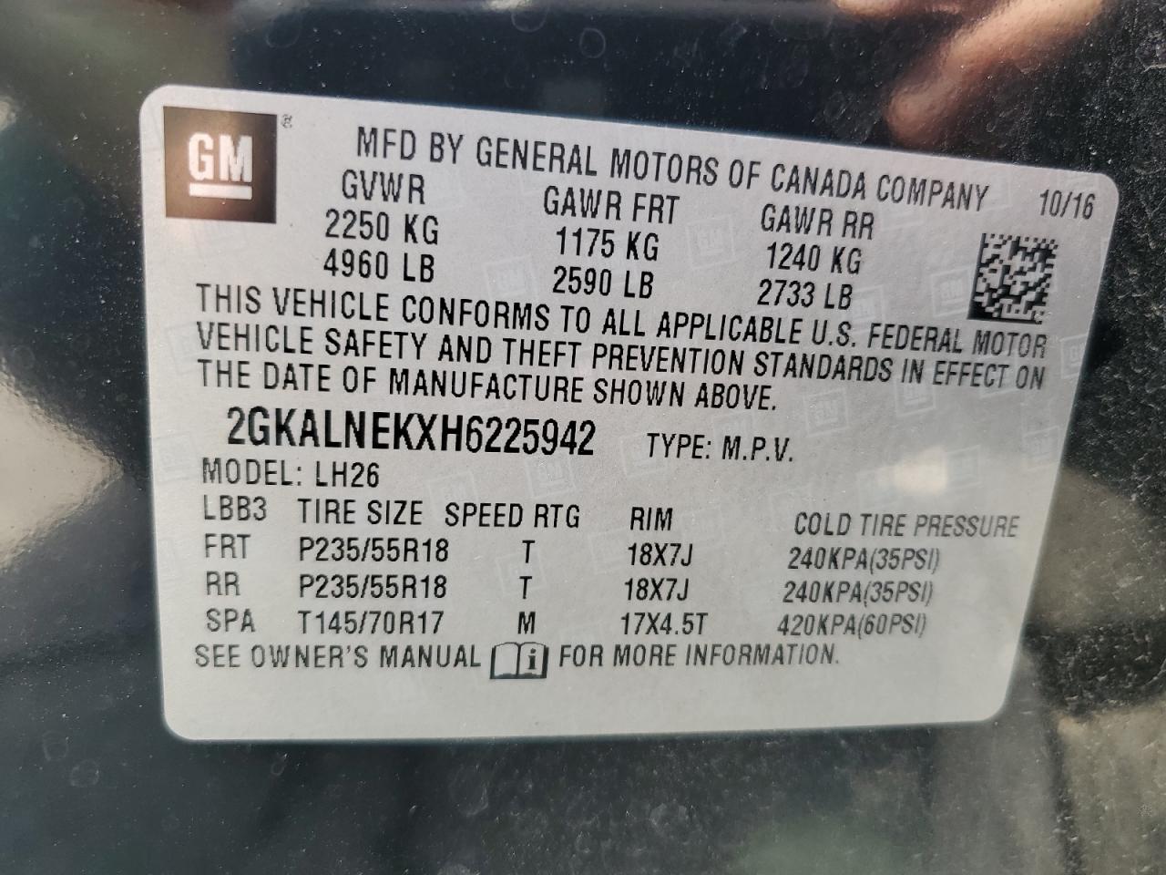 2017 GMC Terrain Sle VIN: 2GKALNEKXH6225942 Lot: 64985215