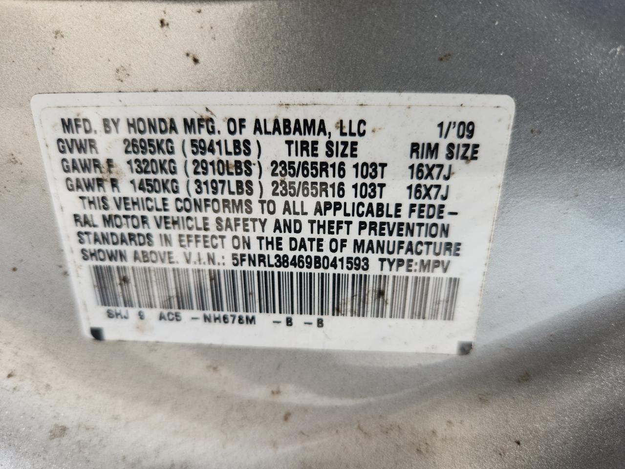 2009 Honda Odyssey Ex VIN: 5FNRL38469B041593 Lot: 62703875
