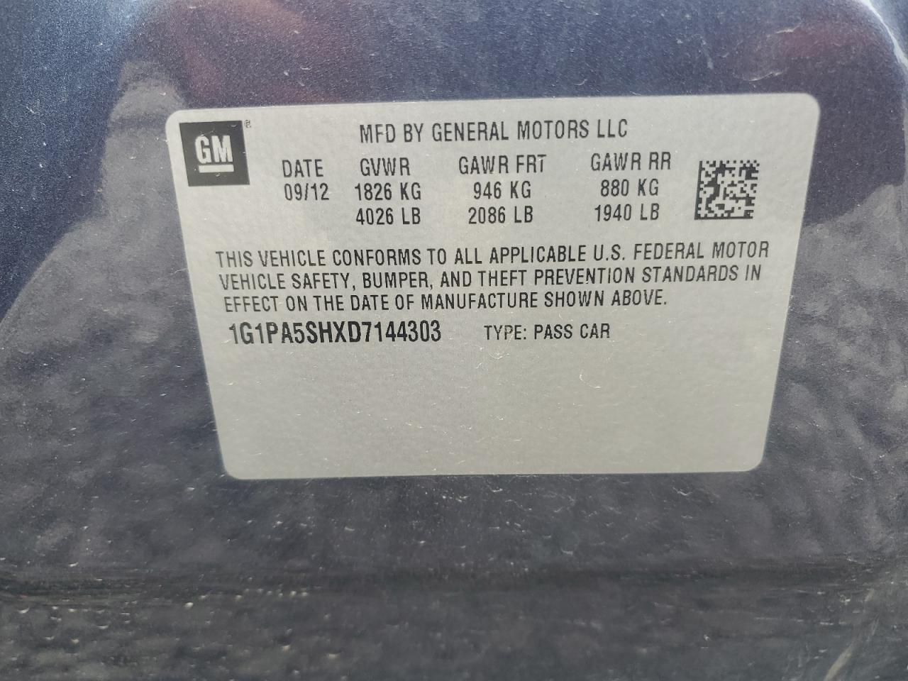 2013 Chevrolet Cruze Ls VIN: 1G1PA5SHXD7144303 Lot: 62257505