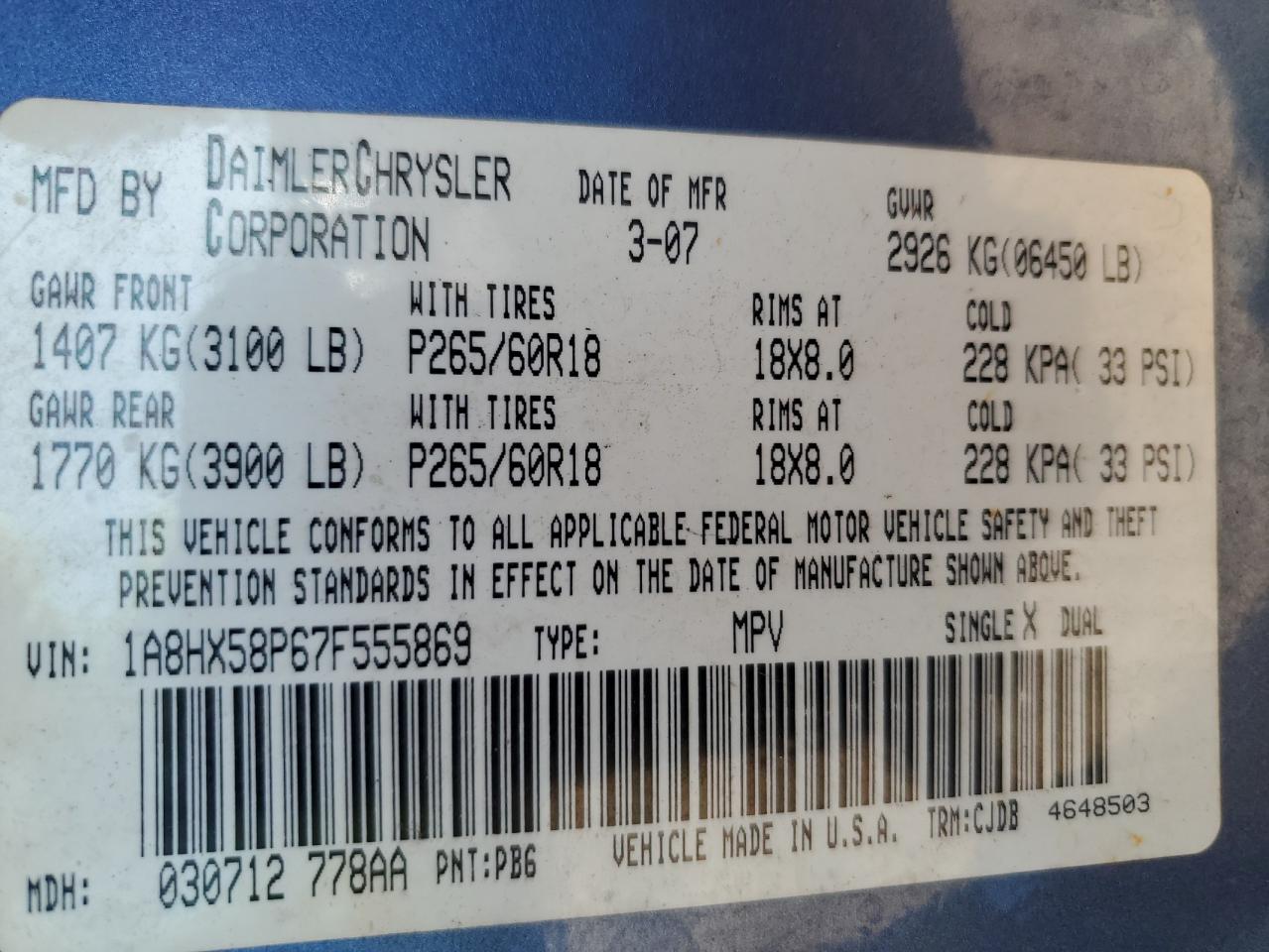 2007 Chrysler Aspen Limited VIN: 1A8HX58P67F555869 Lot: 67011985