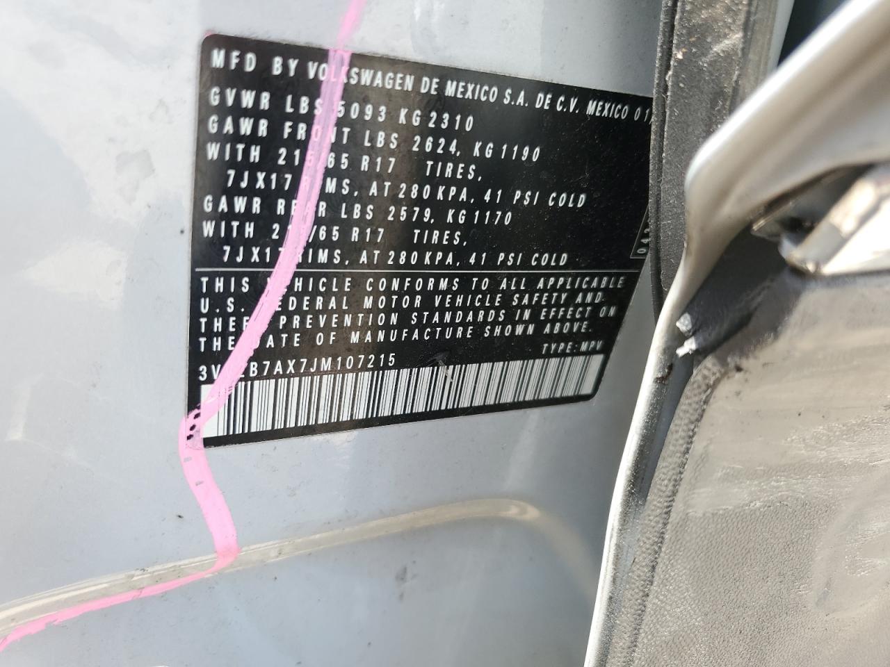 2018 Volkswagen Tiguan Se VIN: 3VV2B7AX7JM107215 Lot: 85146035