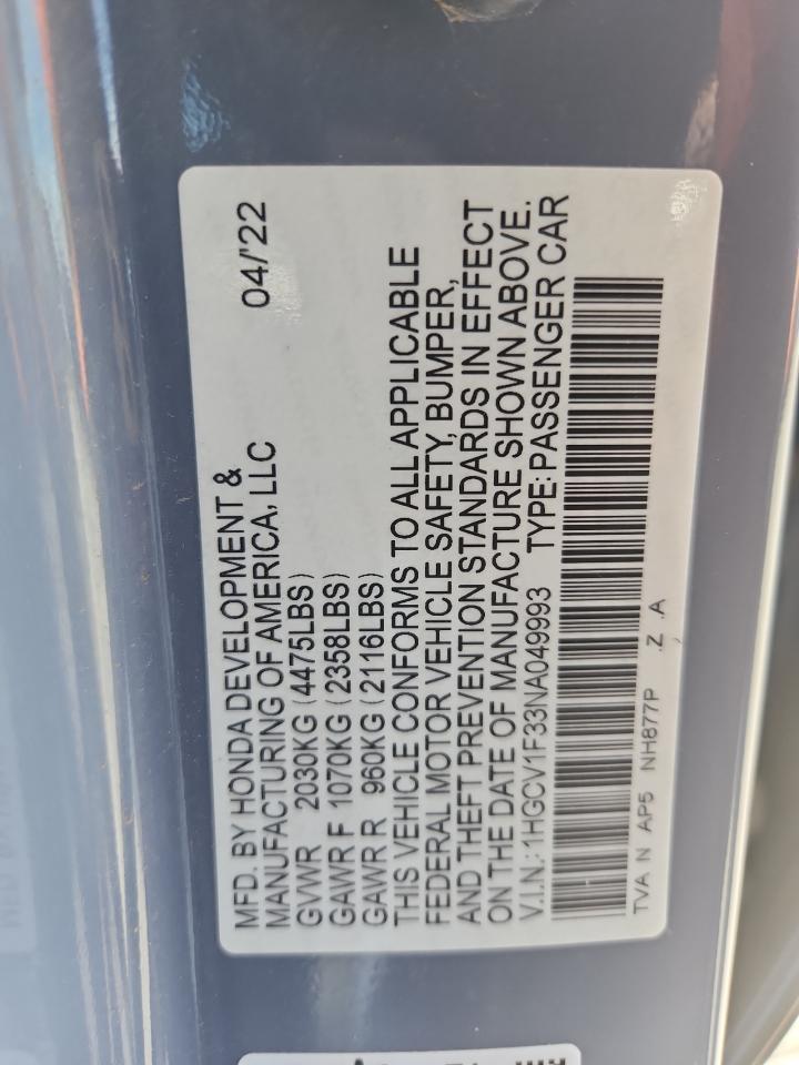 2022 Honda Accord Sport VIN: 1HGCV1F33NA049993 Lot: 64639015