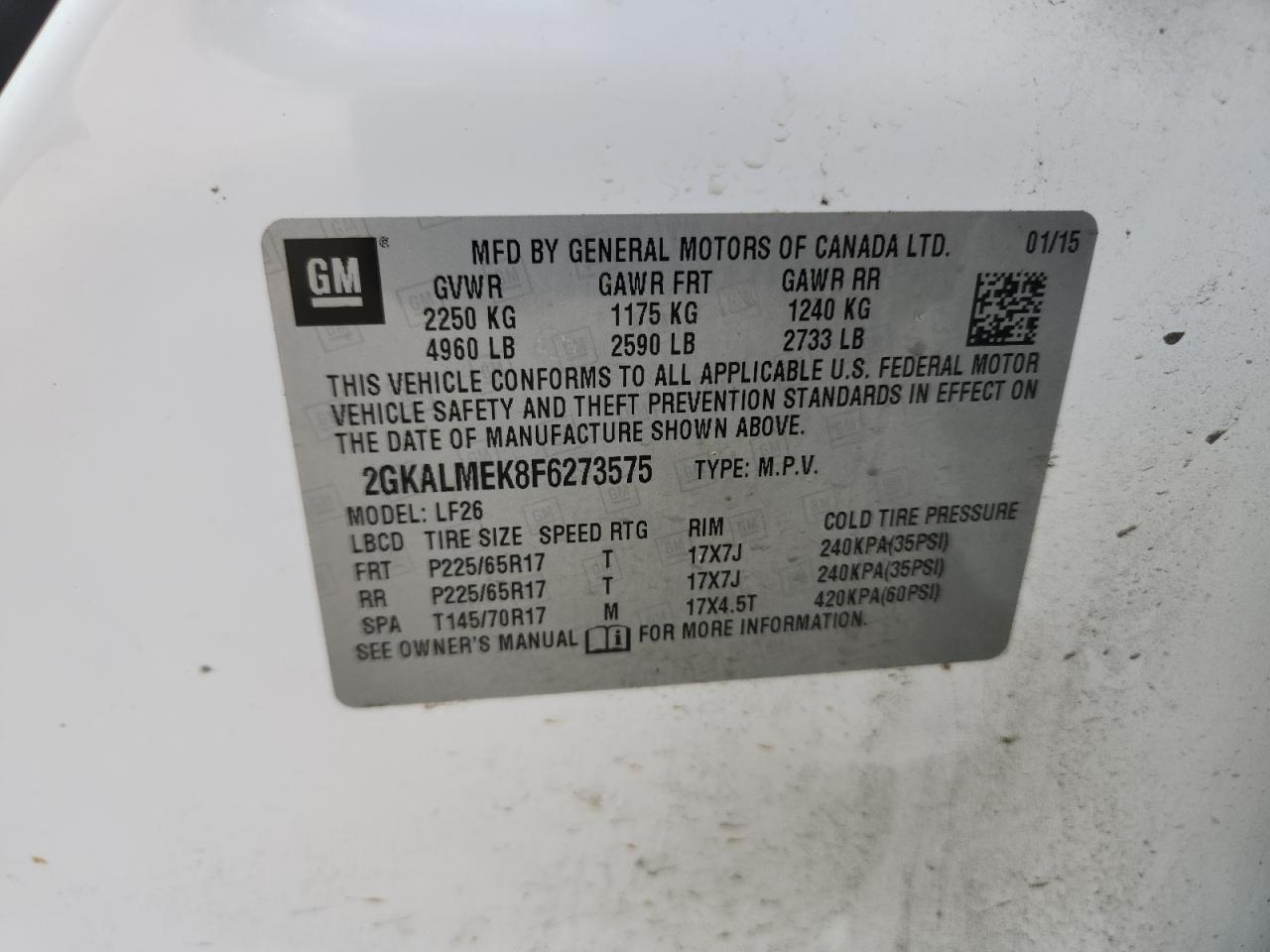 2015 GMC Terrain Sle VIN: 2GKALMEK8F6273575 Lot: 64163025