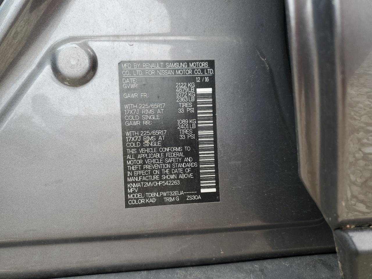 2017 Nissan Rogue S VIN: KNMAT2MV0HP542263 Lot: 65458565