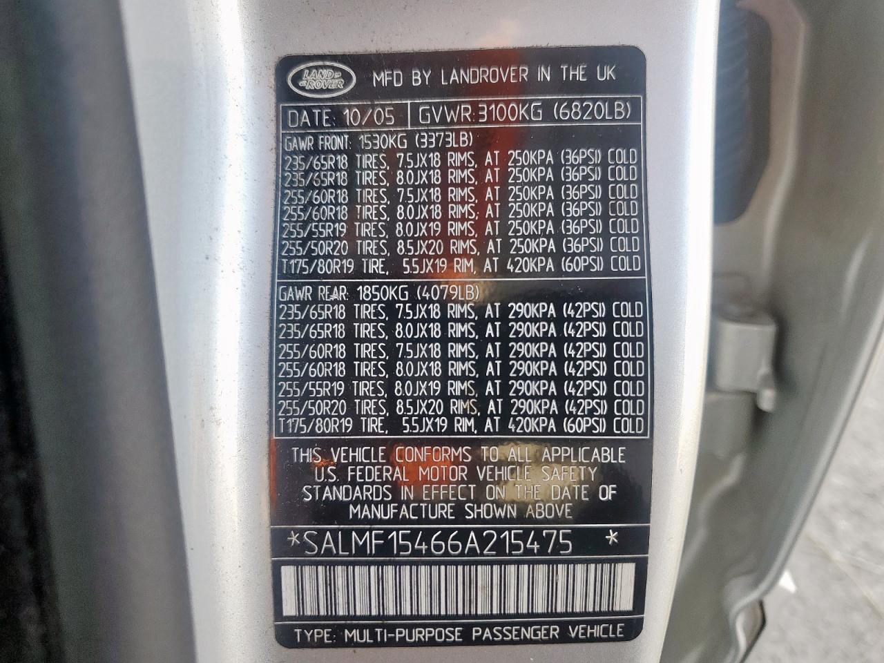 2006 Land Rover Range Rover Hse VIN: SALMF15466A215475 Lot: 64760595
