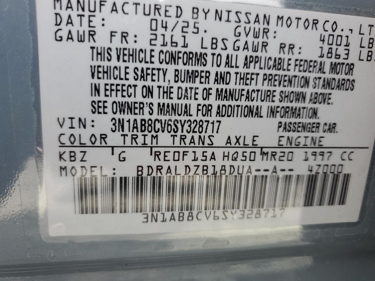 2025 Nissan Sentra Sv VIN: 3N1AB8CV6SY328717 Lot: 64736765