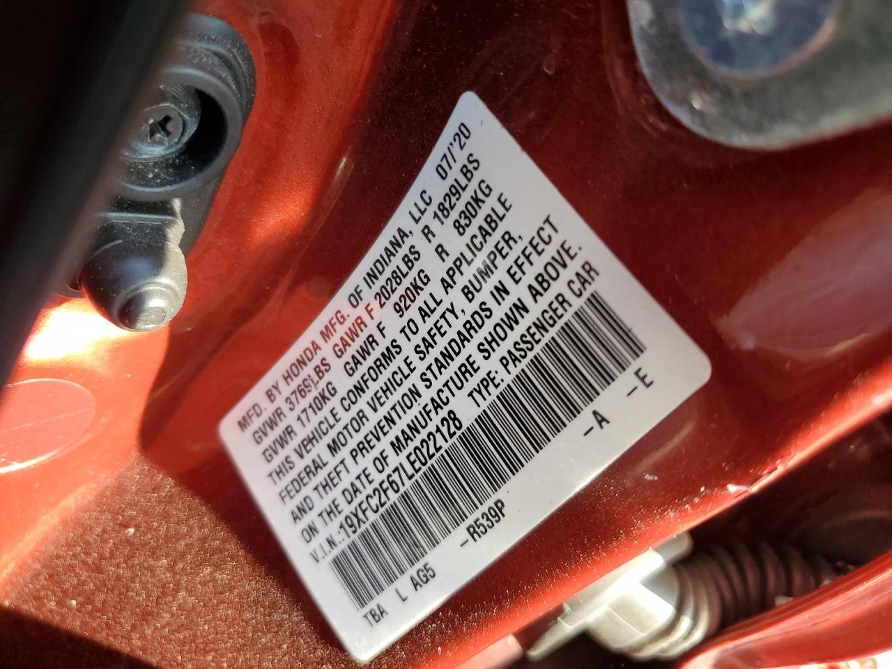 2020 Honda Civic Lx VIN: 19XFC2F67LE022128 Lot: 65422935