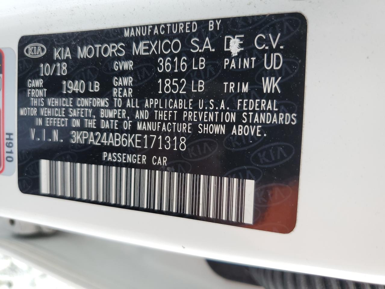 2019 Kia Rio S VIN: 3KPA24AB6KE171318 Lot: 64626375