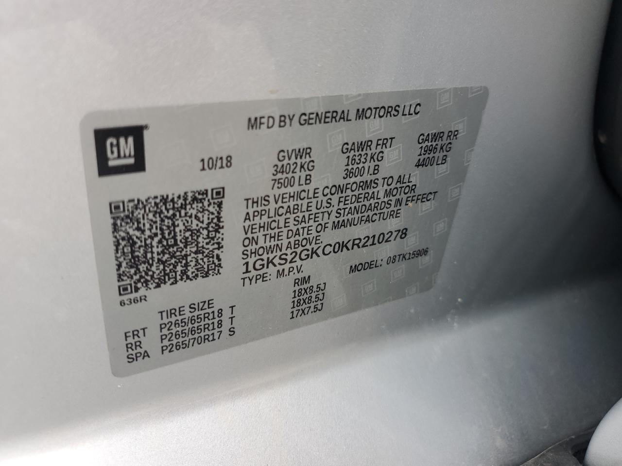 2019 GMC Yukon Xl K1500 Slt VIN: 1GKS2GKC0KR210278 Lot: 64865815