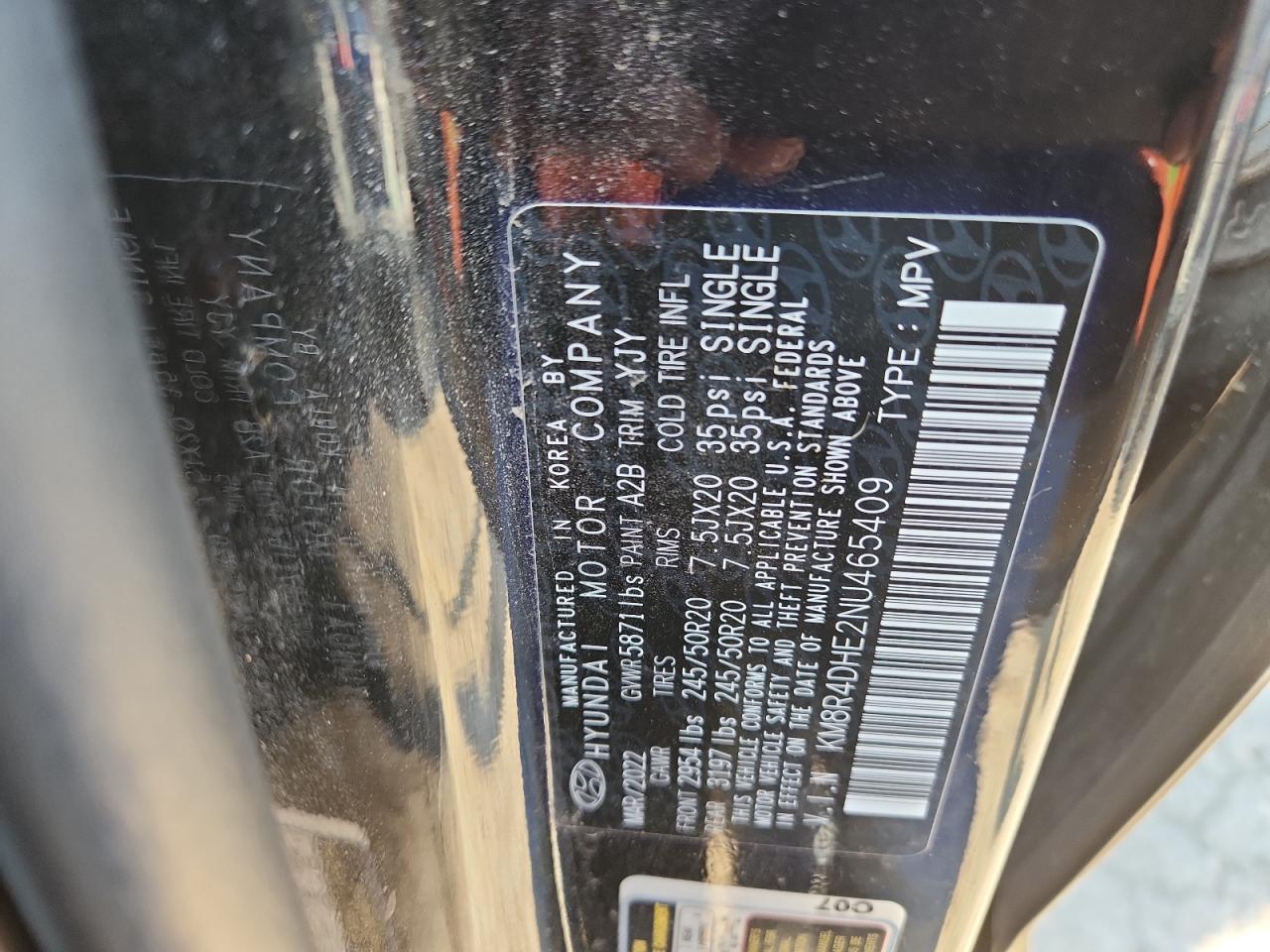 2022 Hyundai Palisade Sel VIN: KM8R4DHE2NU465409 Lot: 63092985