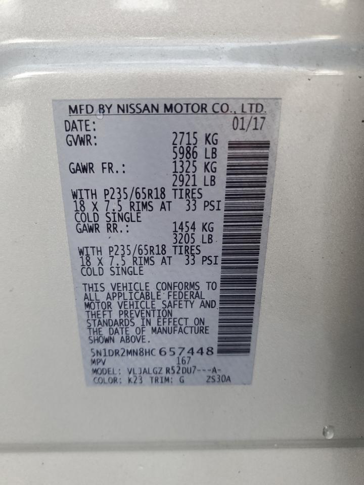 2017 Nissan Pathfinder S VIN: 5N1DR2MN8HC657448 Lot: 65058005