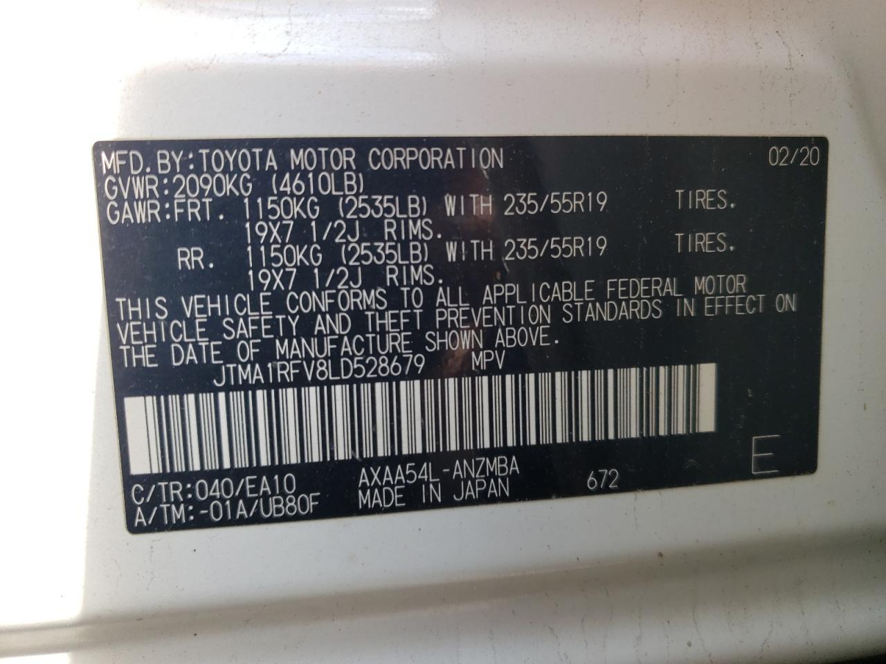 2020 Toyota Rav4 Xle Premium VIN: JTMA1RFV8LD528679 Lot: 64664205