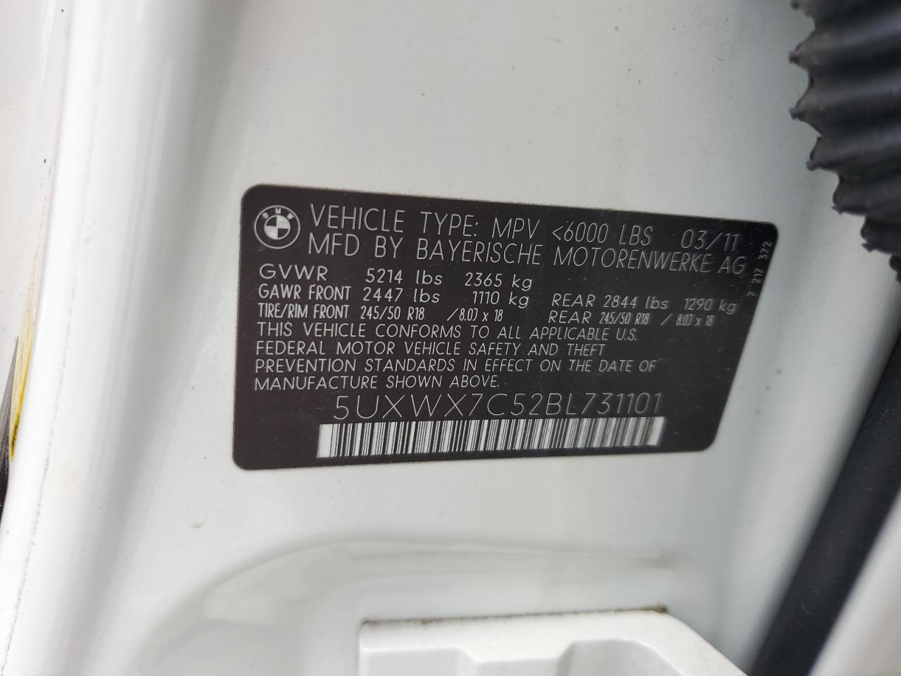 2011 BMW X3 xDrive35I VIN: 5UXWX7C52BL731101 Lot: 63124255