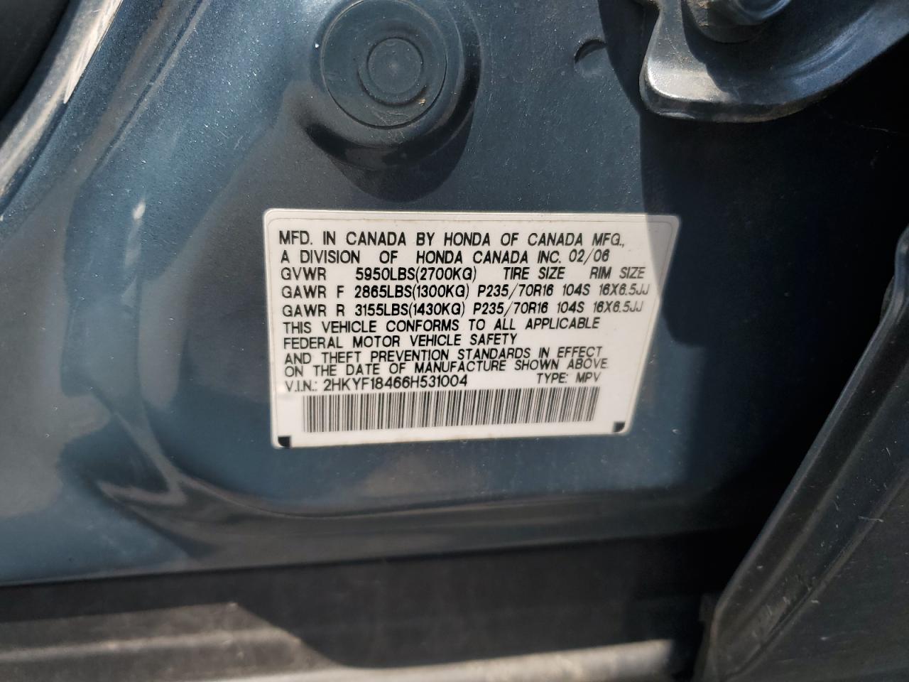 2006 Honda Pilot Ex VIN: 2HKYF18466H531004 Lot: 65047685