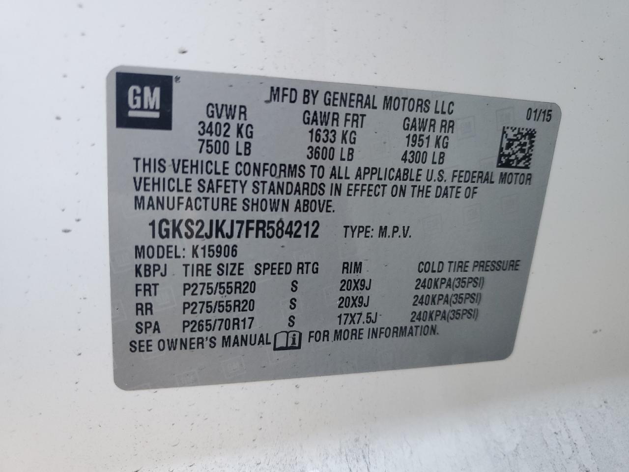 2015 GMC Yukon Xl Denali VIN: 1GKS2JKJ7FR584212 Lot: 64272295