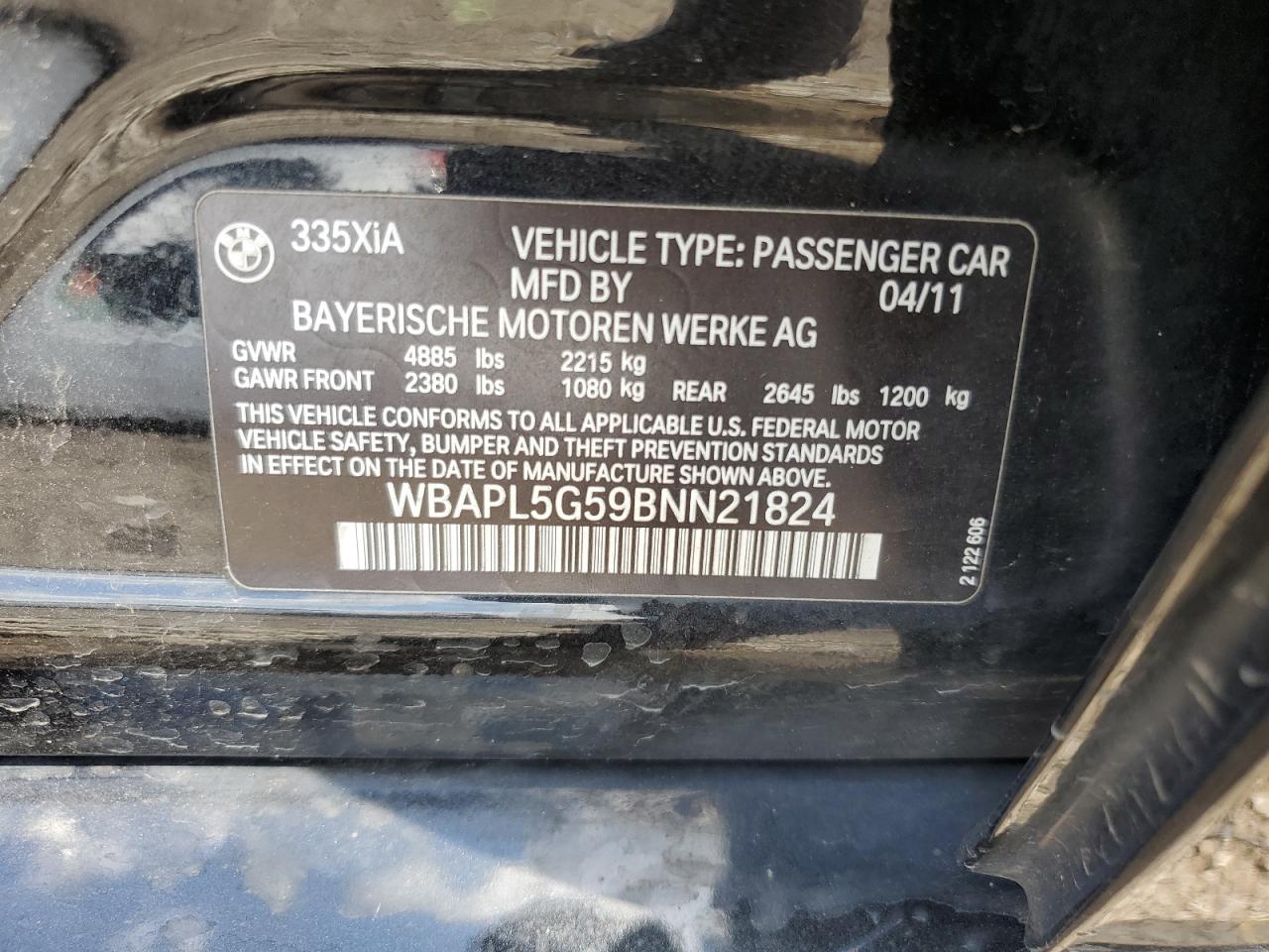 2011 BMW 335 Xi VIN: WBAPL5G59BNN21824 Lot: 65147725