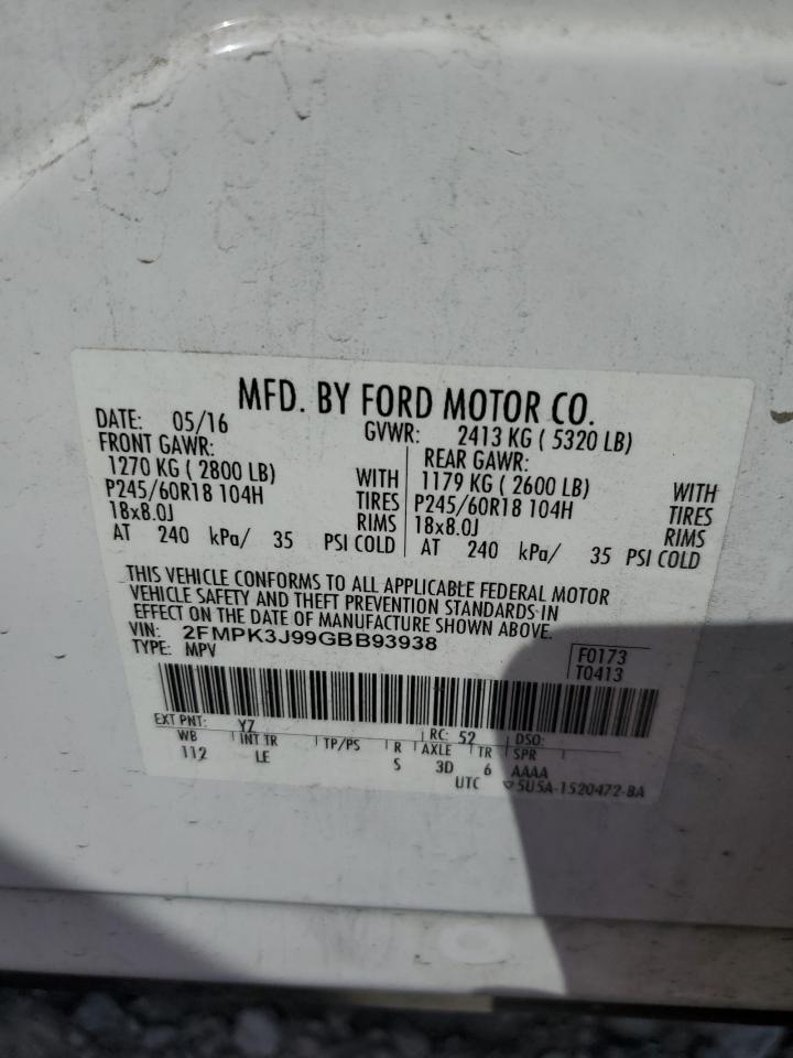 2016 Ford Edge Sel VIN: 2FMPK3J99GBB93938 Lot: 65128445