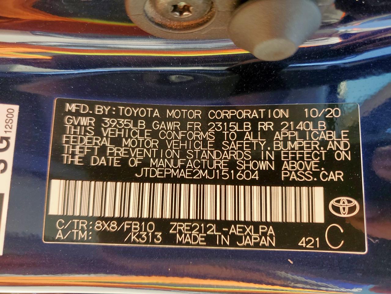 JTDEPMAE2MJ151604 TOYOTA COROLLA 2021