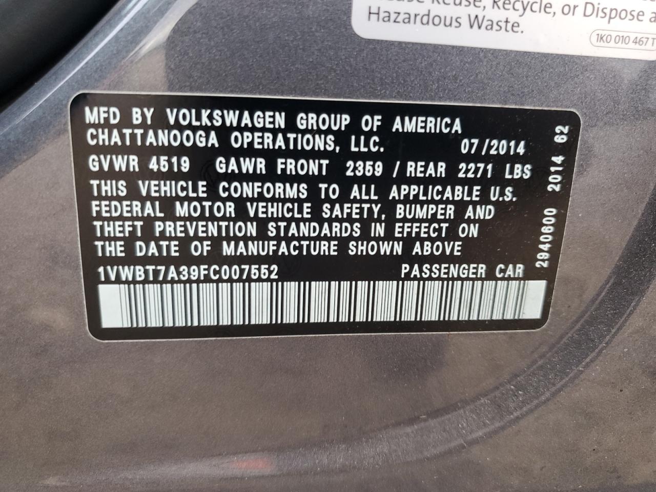 2015 Volkswagen Passat Se VIN: 1VWBT7A39FC007552 Lot: 64722085