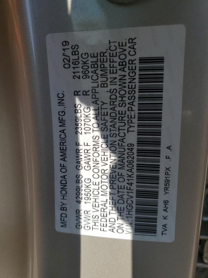 2019 Honda Accord Ex VIN: 1HGCV1F41KA062049 Lot: 65388425