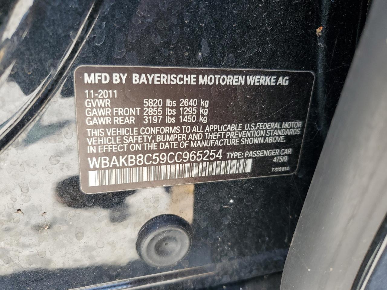 2012 BMW 750 Li VIN: WBAKB8C59CC965254 Lot: 65233075