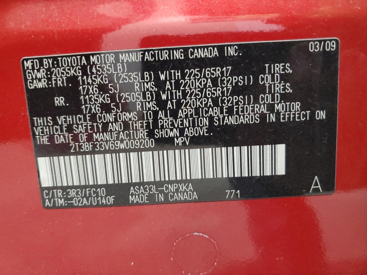 2009 Toyota Rav4 VIN: 2T3BF33V69W009200 Lot: 63232535