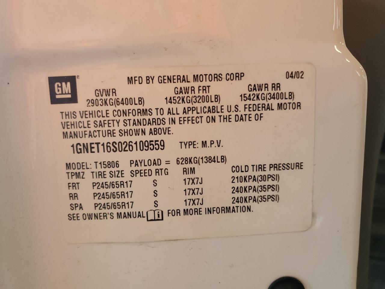2002 Chevrolet Trailblazer Ext VIN: 1GNET16S026109559 Lot: 63697695
