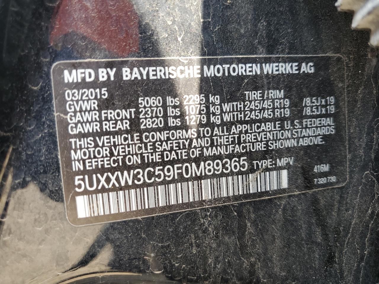 2015 BMW X4 xDrive28I VIN: 5UXXW3C59F0M89365 Lot: 65380225