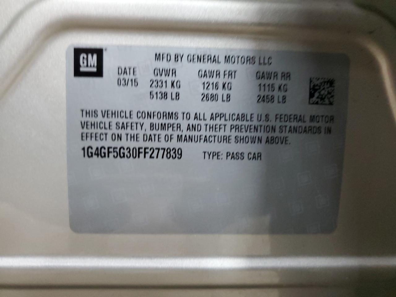 2015 Buick Lacrosse Premium VIN: 1G4GF5G30FF277839 Lot: 64738425