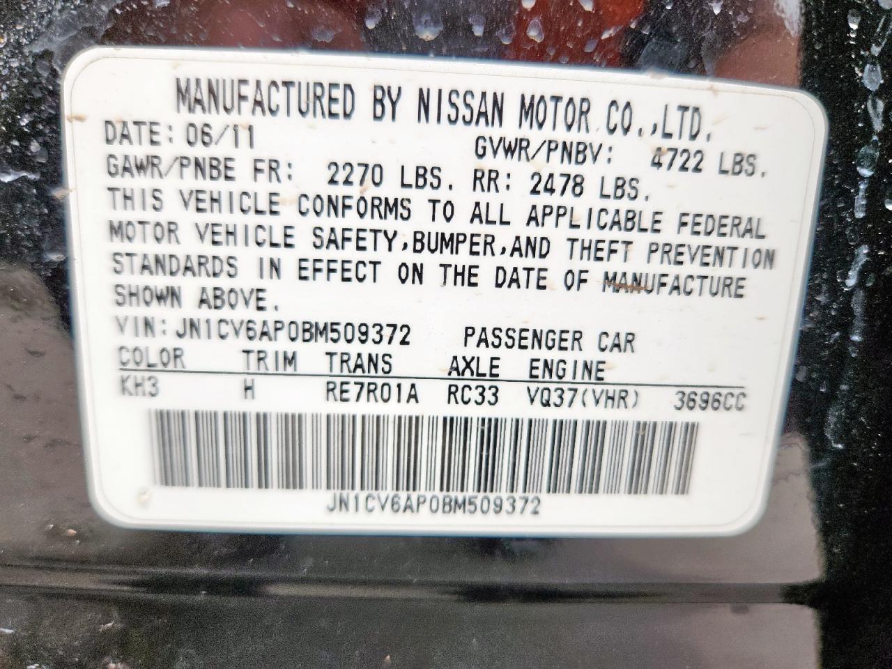 2011 Infiniti G37 Base VIN: JN1CV6AP0BM509372 Lot: 63491625