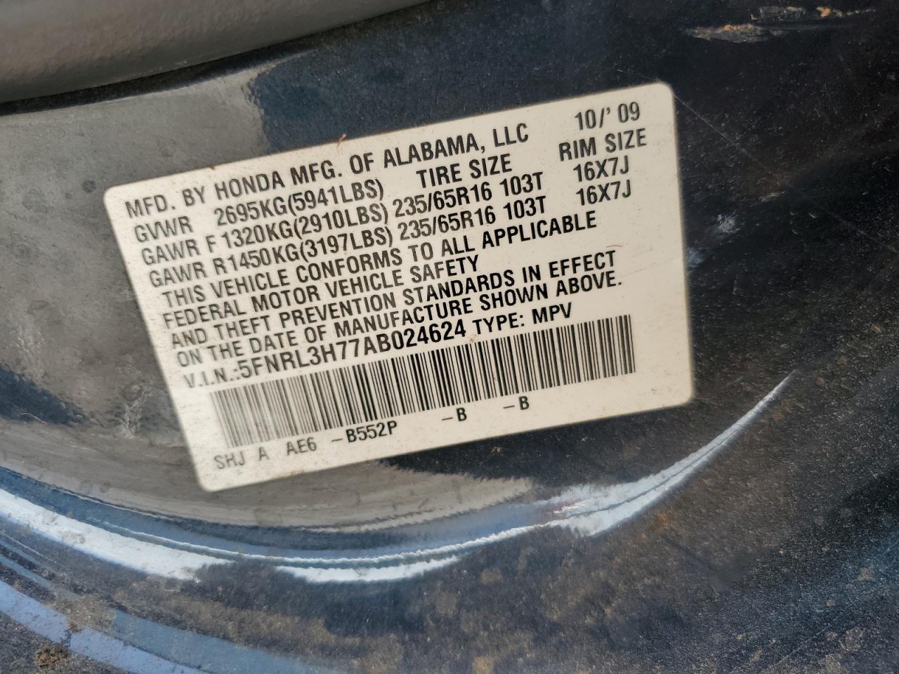 2010 Honda Odyssey Exl VIN: 5FNRL3H77AB024624 Lot: 65420125