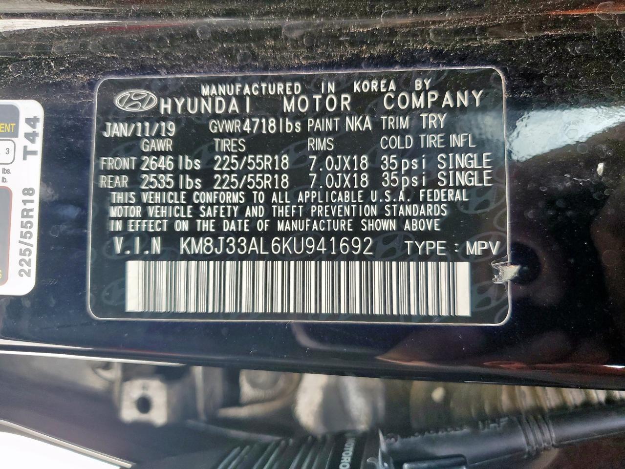 2019 Hyundai Tucson Limited VIN: KM8J33AL6KU941692 Lot: 64677835