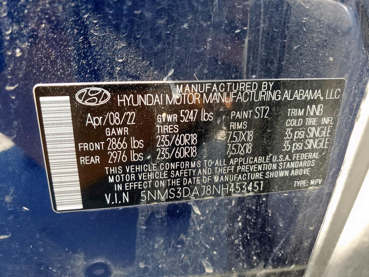 2022 Hyundai Santa Fe Sel VIN: 5NMS3DAJ8NH453451 Lot: 63299695