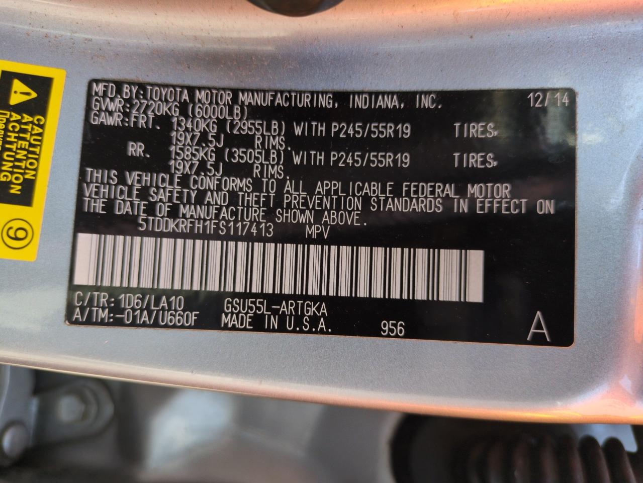 2015 Toyota Highlander Limited VIN: 5TDDKRFH1FS117413 Lot: 65012045