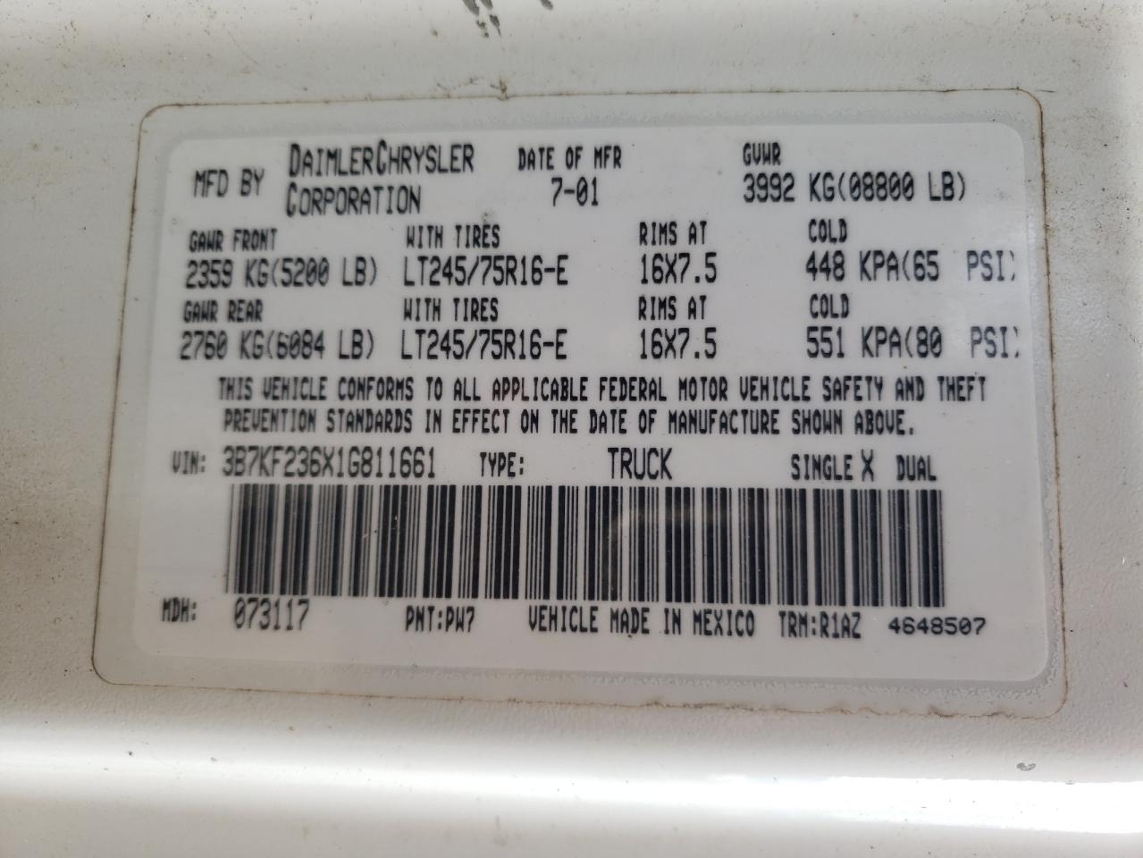 3b7kf236x1g811661 3B7KF236X1G811661 2001 Dodge Ram 2500