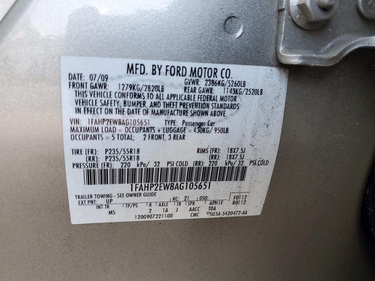 2010 Ford Taurus Sel VIN: 1FAHP2EW8AG105651 Lot: 63783145