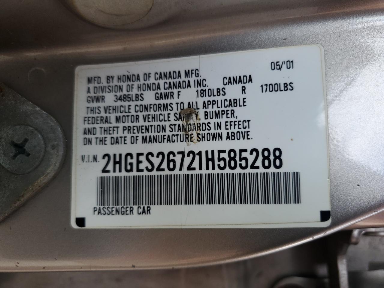 2001 Honda Civic Ex VIN: 2HGES26721H585288 Lot: 64688415