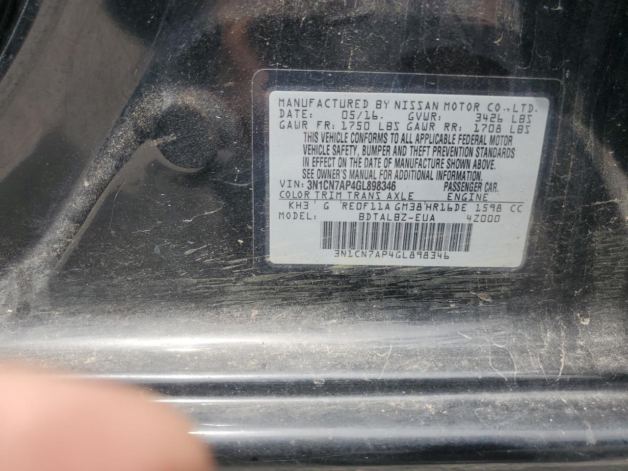 2016 Nissan Versa S VIN: 3N1CN7AP4GL898346 Lot: 66397265