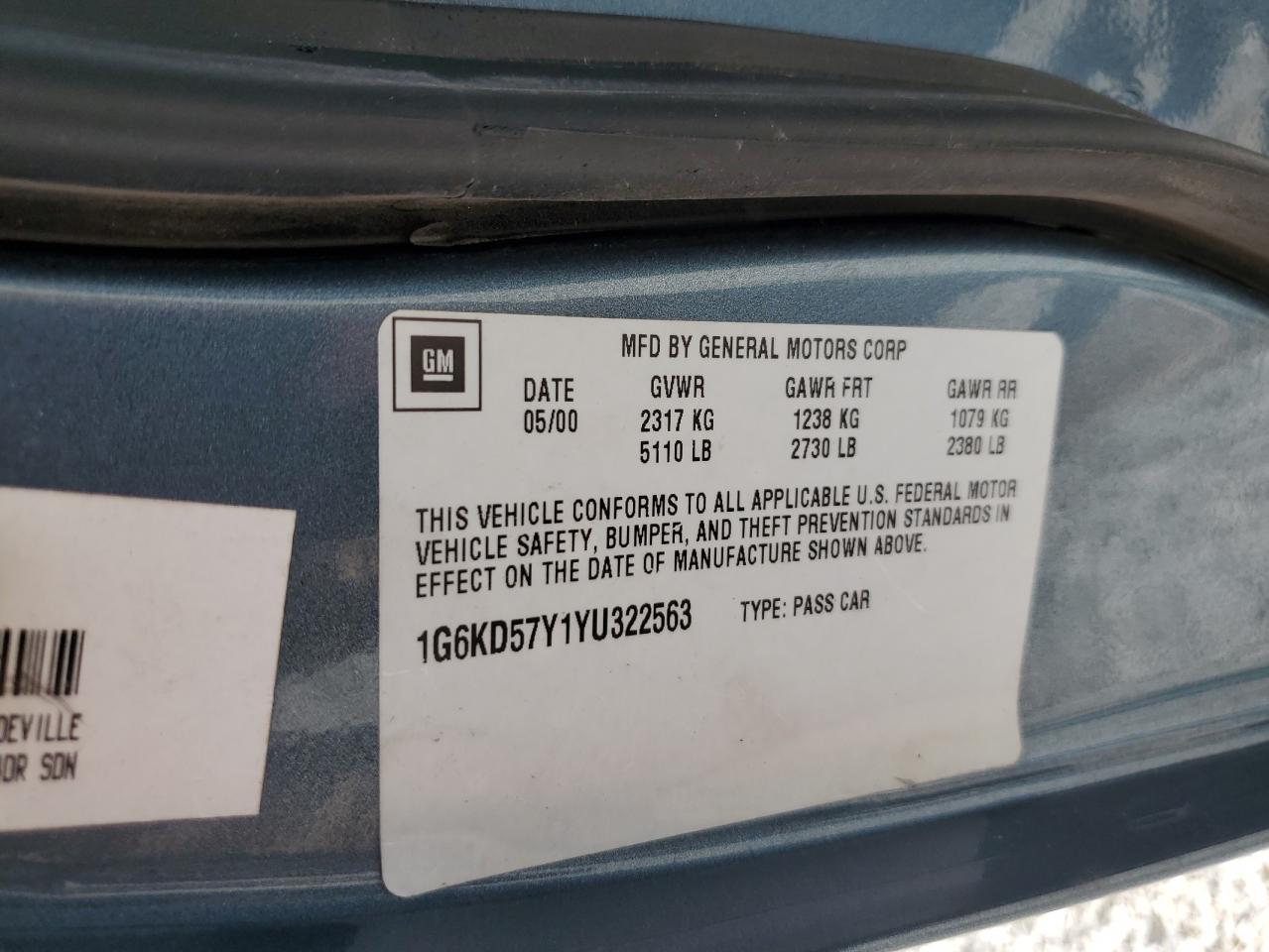 2000 Cadillac Deville VIN: 1G6KD57Y1YU322563 Lot: 66645685